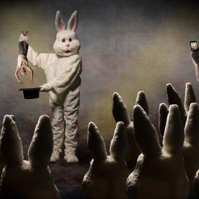 Bunny pulling man from hat